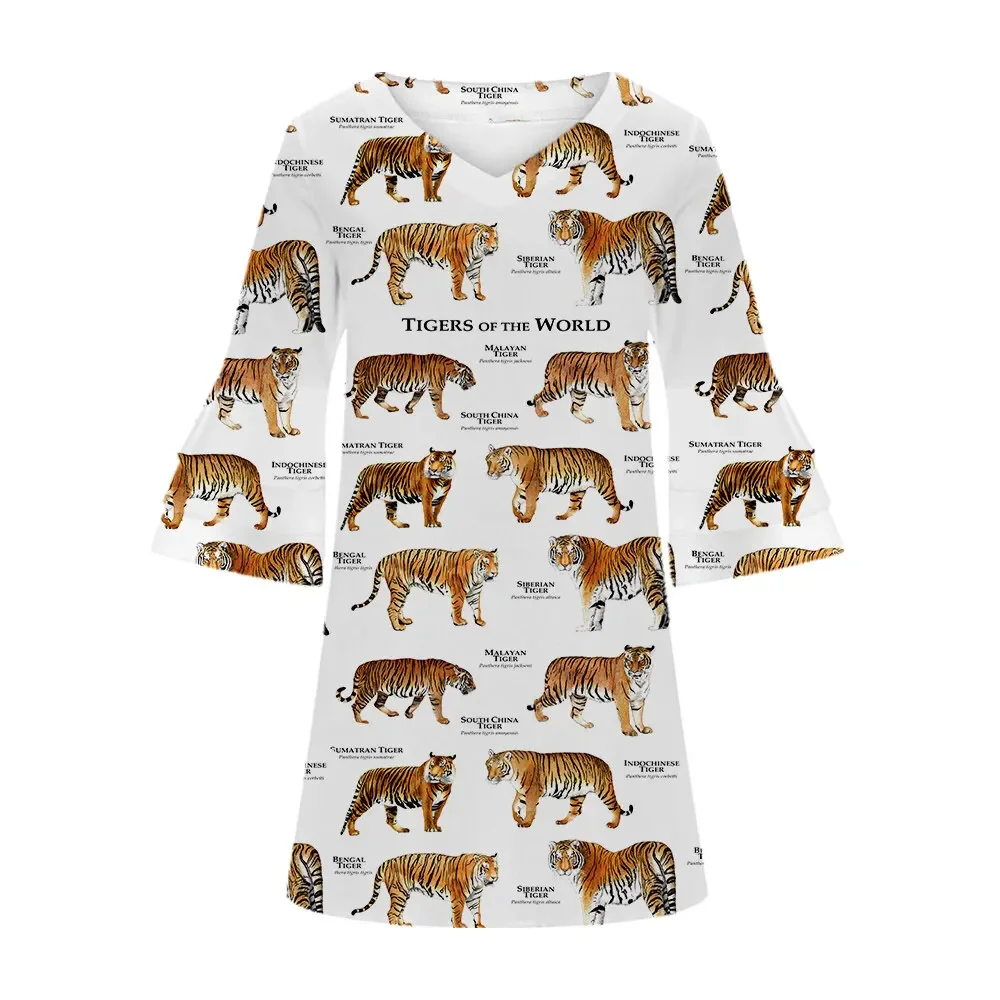 Jumeast Tigers Of The World Pattern Women Casual Flared Sleeve V-Neck Dress Dog Pattern Elegant Brahman Skirt Tropical Clothes