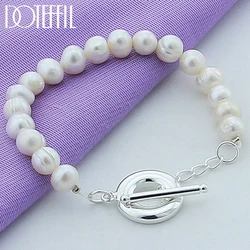 DOTEFFIL Natural White Freshwater Pearl 925 Sterling Silver Bracelet For Women Wedding Engagement Party Jewelry Christmas Gift