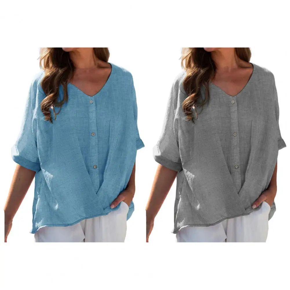 Camisa transpirable con cuello en V para mujer, Top holgado de manga corta con decoración de botones, blusa de Color sólido para verano, suave