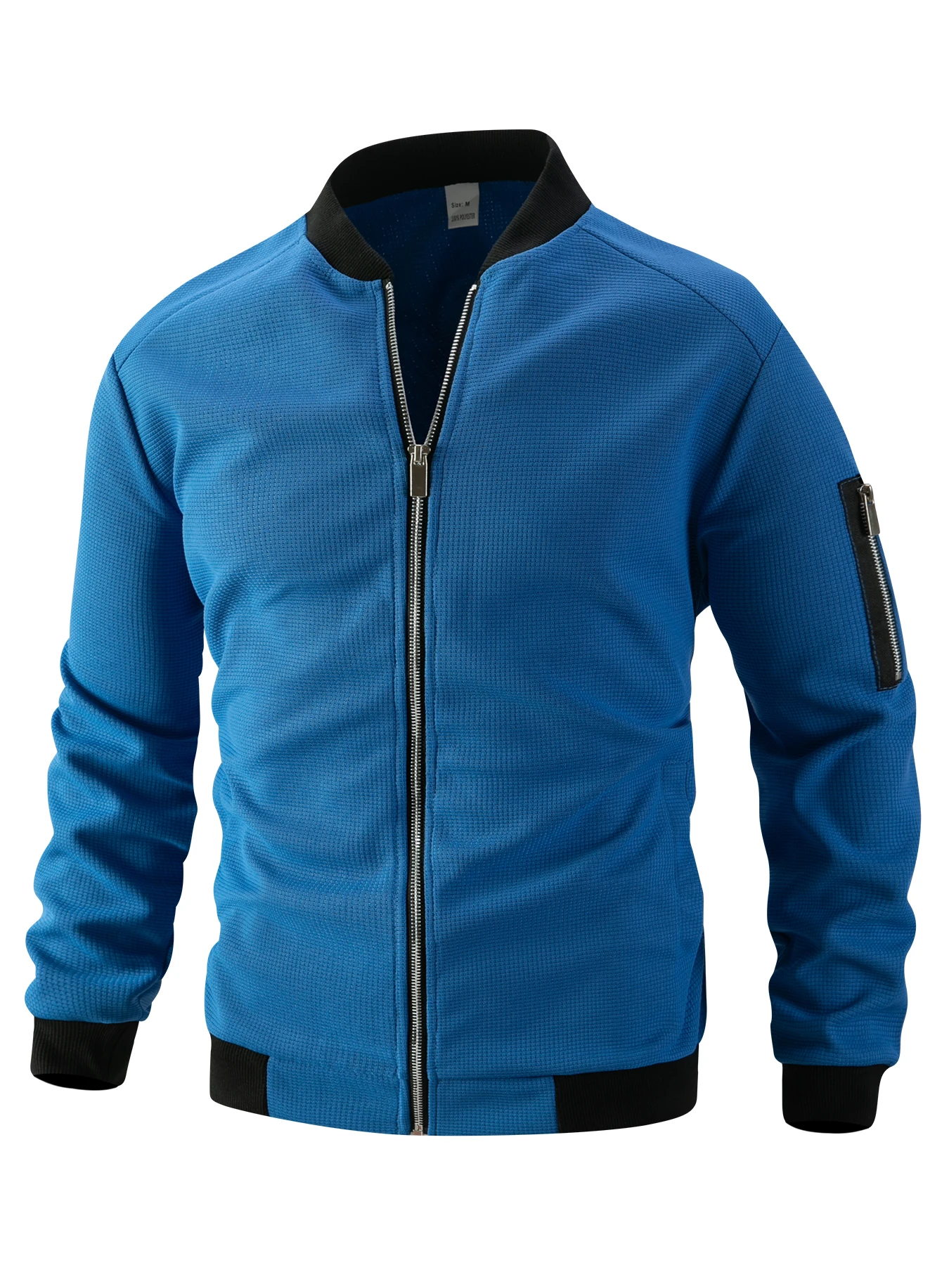 Herrenjacke aus Waffelstrick mit geripptem Baseballkragen, lässige Fliegerjacke mit durchgehendem Reißverschluss, mit Reißverschlussmanschetten und Taschen, lässiger Stil. – Detail 15