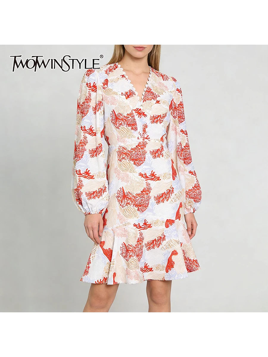 TWOTWINSTYLE Printing Slimming Spliced Ruched Dresses for Women V Neck Long Sleeves High Waist Elegant Dress Female Clothing New
