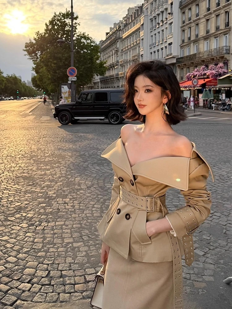 المرأة الأنيقة قطعتين مجموعة سيدة غير النظامية مثير رفض طوق مزدوجة الصدر الدانتيل متابعة سليم خندق سترة + تنورة دعوى أبلى