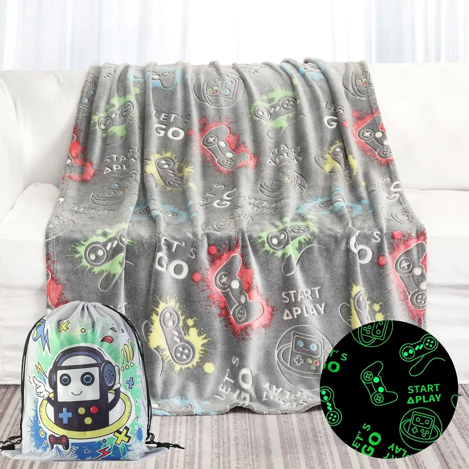 

Glow in The Dark Blanket Game Controller Soft Blanket for 6-10 Year Old Boys Toddler Boy Gifts for Birthday