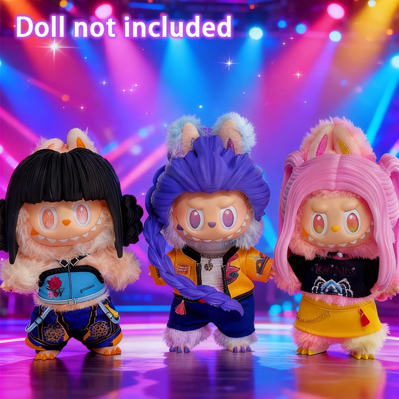 Für 17 cm Labubu Puppe Kleidung Cartoon Rumi Zoey Mira Kostüm Zubehör Perücke Haar Set Puppe Kleidung Zubehör Geschenk