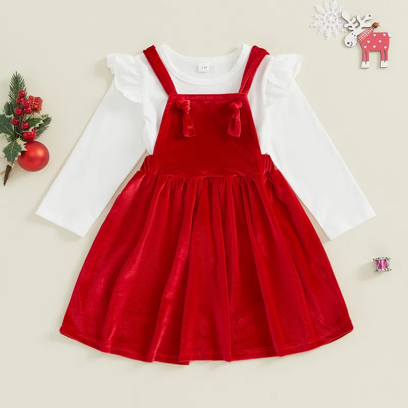 RUEWEY 18 Months to 6 Years Baby Girl Skirt Sets Spring Autumn Clothes Long Sleeve Ruffled Tops Velvet Suspenders Skirt Outfits