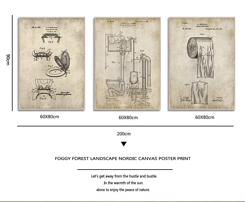 الحمام براءات الاختراع خمر يطبع ، لفة المرحاض ، صهريج ، تصميم المختبرات ، لو قماش اللوحة مخططات ديكور فني جدران المنزل