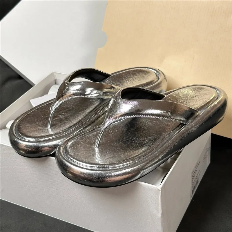 2024 New Summer Style Sheepskin Flip-flops for Outer Wear Round Toe Flat-soled Genuine Leather Thick-soled Flip-flops