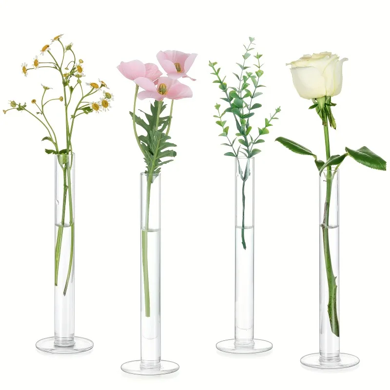 4 Pcs Slim Straight Glass Vases Modern Clear Tall Cylindrical Vases for Fresh & Artificial Flowers Arrangement Nordic Home Decor