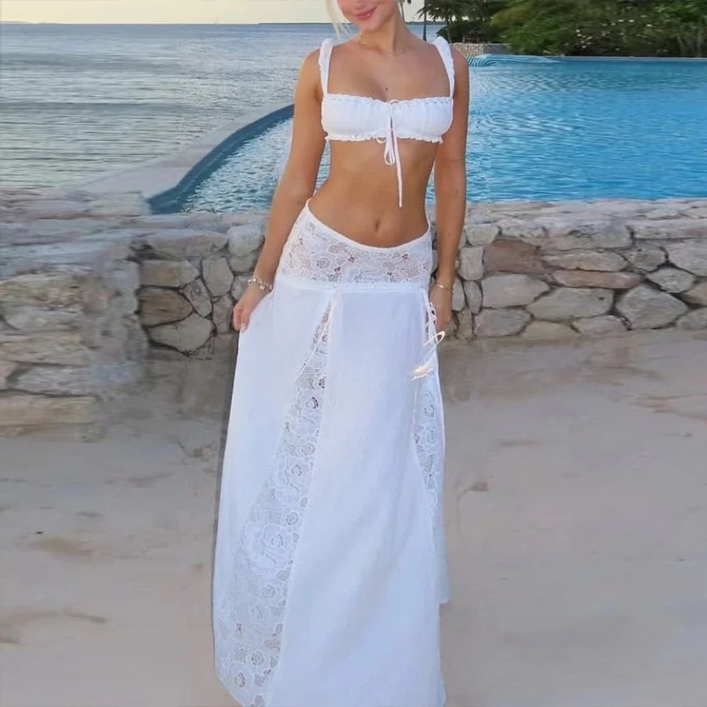 Conjunto de 2 Piezas de Ropa de Playa Oligai, Estilo Boho, Y2K, Vintage, con Encaje, Cuello Cuadrado, Top Corto con Lazos y Falda Maxi