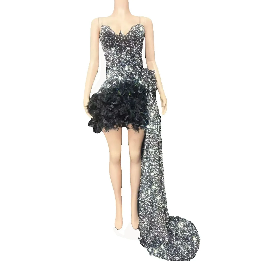 

Stage Sparkly Black Sequins Feathers Slip Short Long Tail Dress Women Sexy Evening Celebrate Birthday Dress Photoshoot Wear