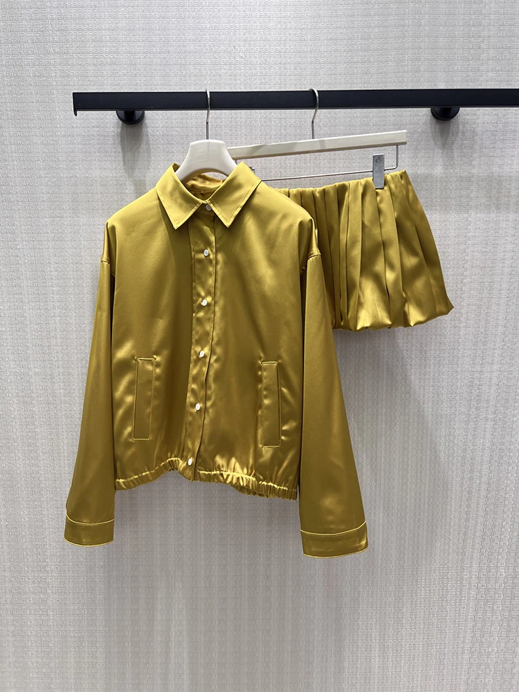Spring Summer Fashion Party Golden Mini Skirt Suit Women's Turn-down Collar Long Sleeve Shirt + Middle Waist Slim Pleated Skirt