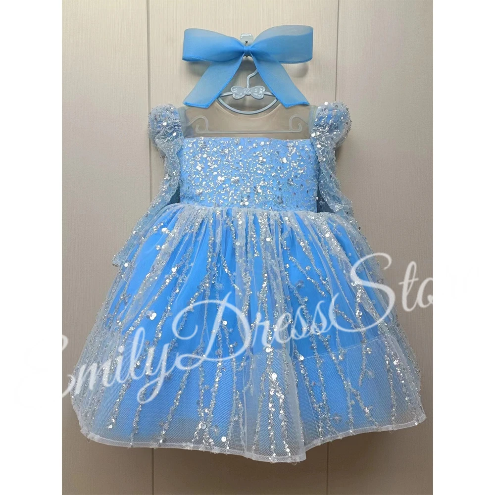 ที่กําหนดเองสีชมพูดอกไม้สาวชุดสําหรับงานแต่งงาน Sequins Puffy Shining เข่าความยาวเด็กวันเกิดประกวด First Communion Ball Gown