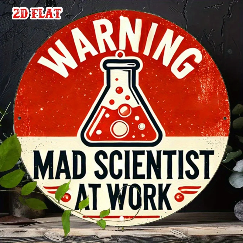 2D Flat 1pc At Work Round Aluminum Sign, Warning Round Wall Decor Mad Scientist Rustic Metal Wall Art, Laboratory