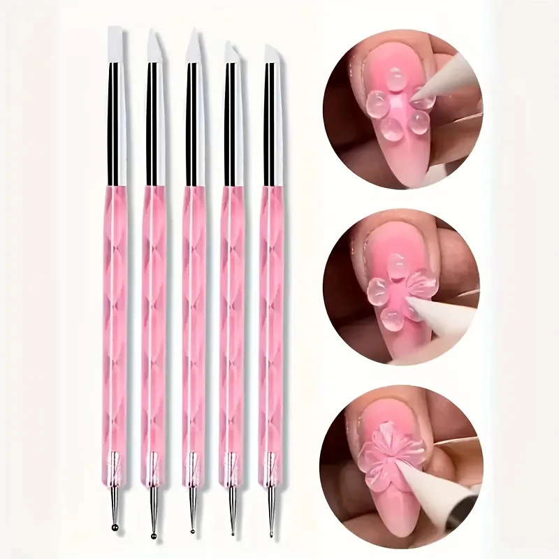 Stainless Steel Dotting Tools Marbleizing Painting Pens 5Pcs 2 Way Nail Art Acrylic Silicone Point Flower Nail Pen