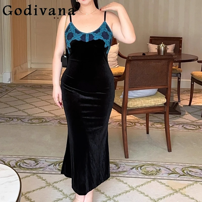 

Large Size XL-4XL French Autumn Winter Elegant Velvet Knitted Fishtail Suspender Dress V-neck High Waist Black Long Dresses