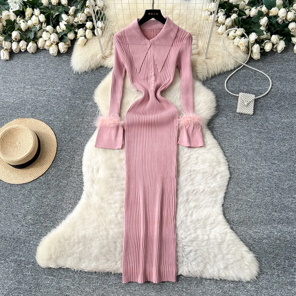 YuooMuoo Merk Mode Esthetische Gebreide Maxi Jurk Herfst Winter Vrouwen Luxe Shirt Trui Jurk Sexy Wrap Heupen Party Vestido