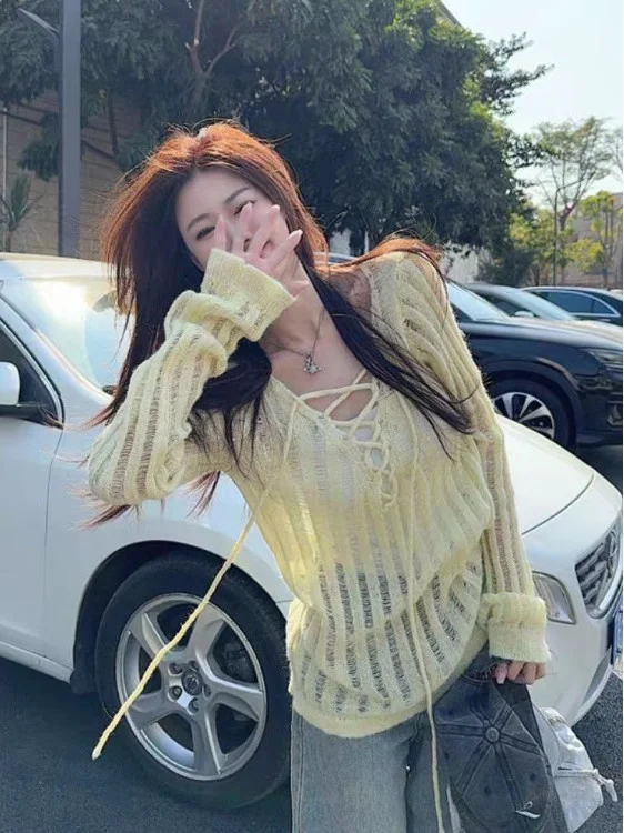 

Yellow Dopane Hollow out Belted Knitwear Women's Spring Summer Design Sensation Sun Protection Loose Casual Top