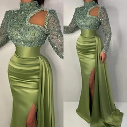 Green Satin Mermaid Prom Dresses Long Sleeve for Women Side Slit High Neck Sequined Mermaid Formal Evening Gowns Customized