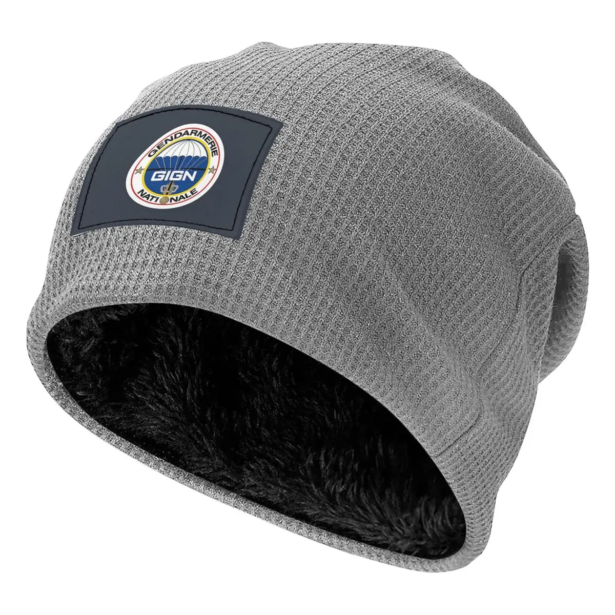 National Gendarmerie Intervention Group - GIGN (France) Waffle Knit Fleece Lined Beanie with PU Leather Patch Winter Soft Cap