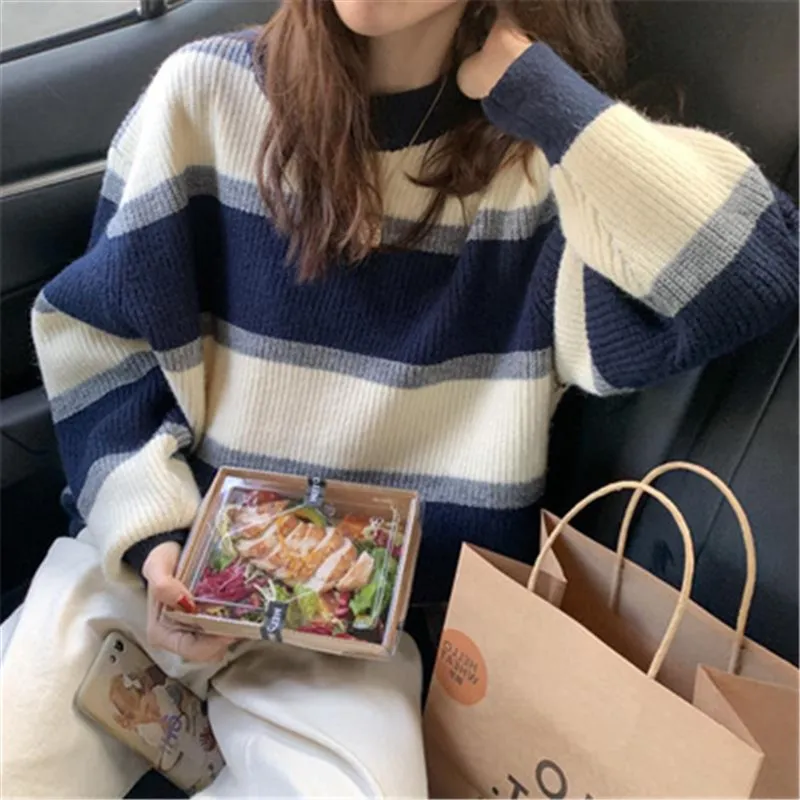 Autumn and winter retro niche design color matching stripes loose round neck casual cashmere sweater women's bottoming shirt