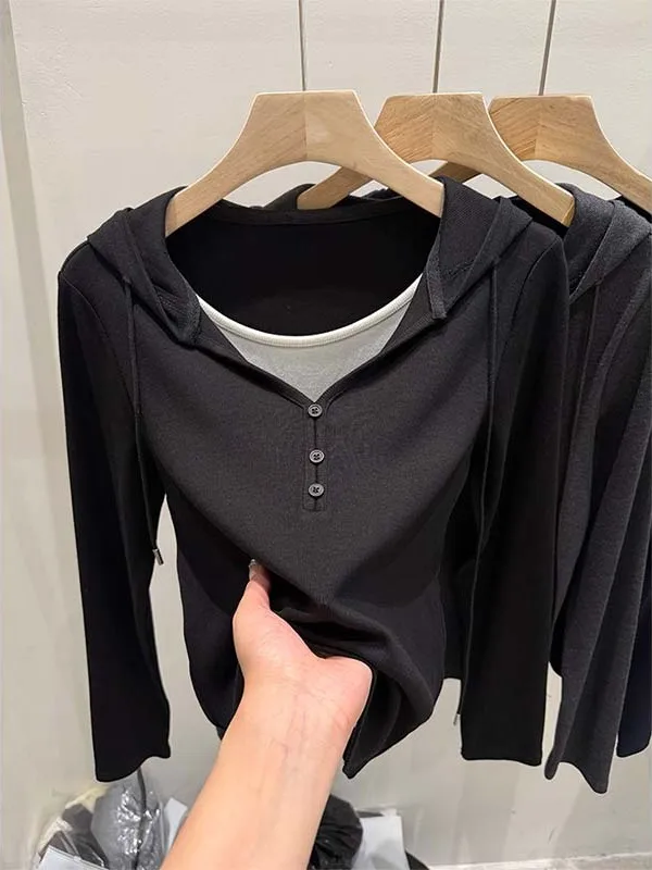 Hooded Base Layer Long Sve Sweatirt Spring Autumn Thin Casual T-irt Small Size Inner Wear Layered Hoodie Top