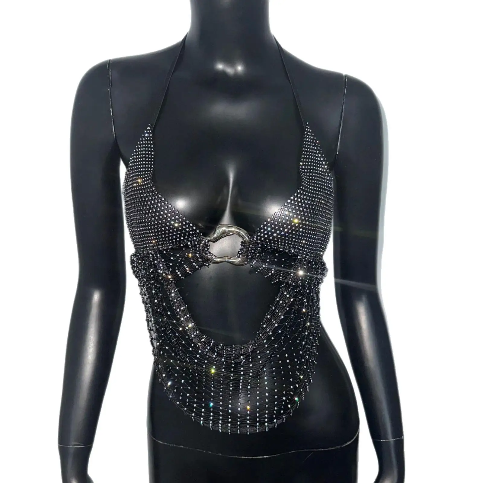 

Sexy Diamond Net Splice Tight Crop Top Strapl Vest Cross-Border New Sle Ne Hanging Draped Diamond Net Vest for Women