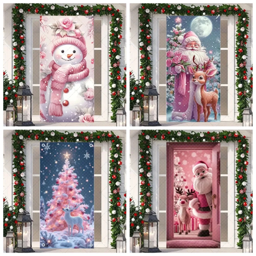 

Santa Claus reindeer gingerbread man Backdrop, pink Christmas door frame decoration, winter snowman banner photography Backdrop
