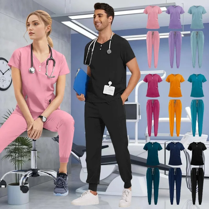 

New Liahtweiaht Anti-wrinkle Surgical Uniform Womar Men Medical Nurse Scrub Set Soft Breathable Jogger Nursing Clinical Workwear