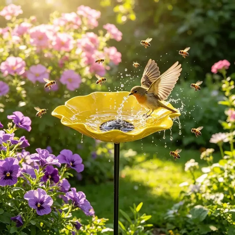 Garten-Metall-Blumenstecker, dekoratives Vogelbad, Bodeneinsatz, Bienen-Tränke für Hinterhof-Bestäuber, Schmetterlinge und Wildvögel
