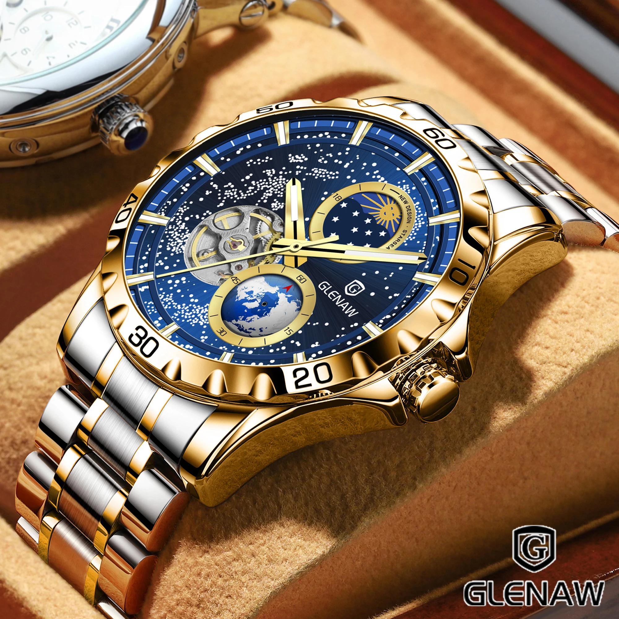

Механические часы GLENAW Design 2025 NEW с вращающимся циферблатом в виде Земли, двойной секундной стрелкой, мужские, с ремешком из нержавеющей стали, водонепроницаемые, автоматические