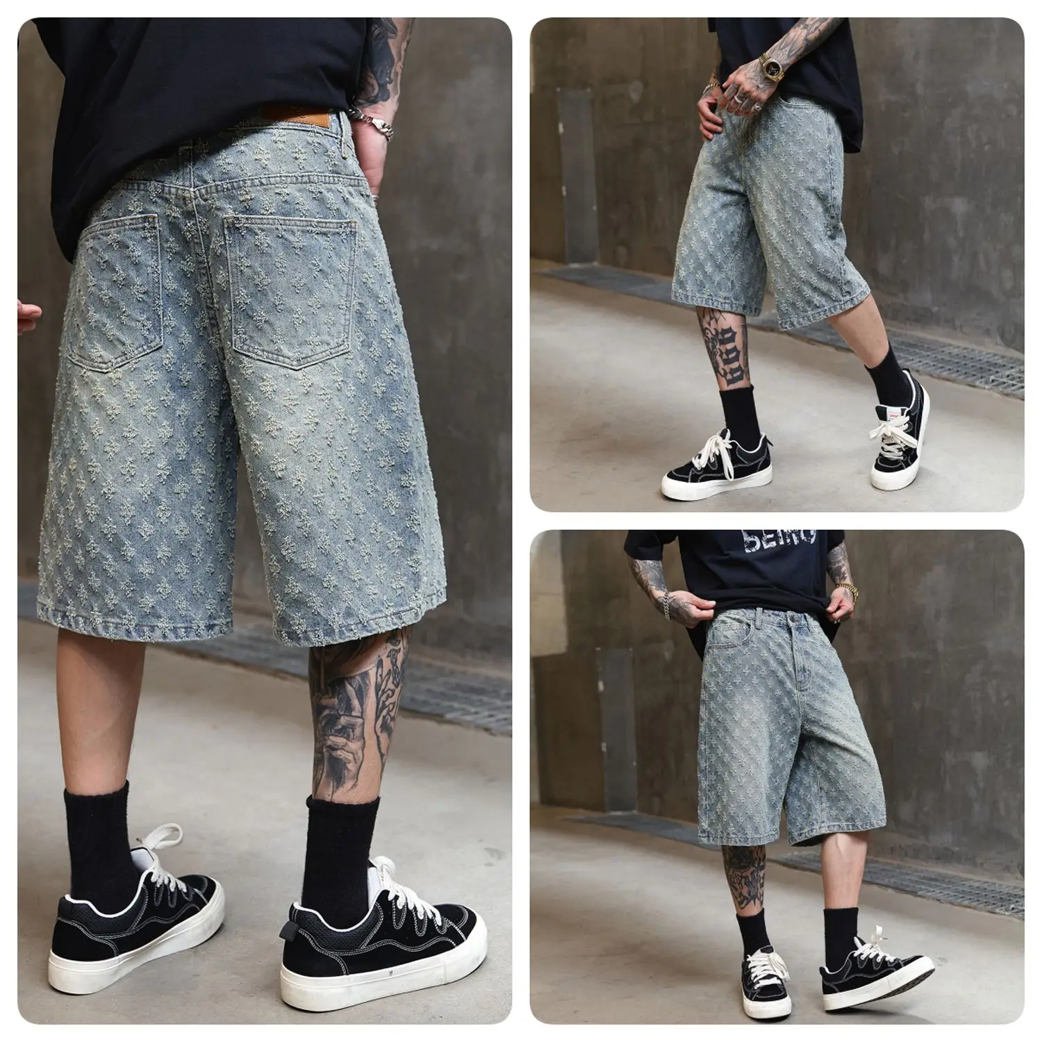 Jeans Biru Vintage Pria Pola Jacquard Kaki Lurus Longgar Denim Pendek Untuk Pria