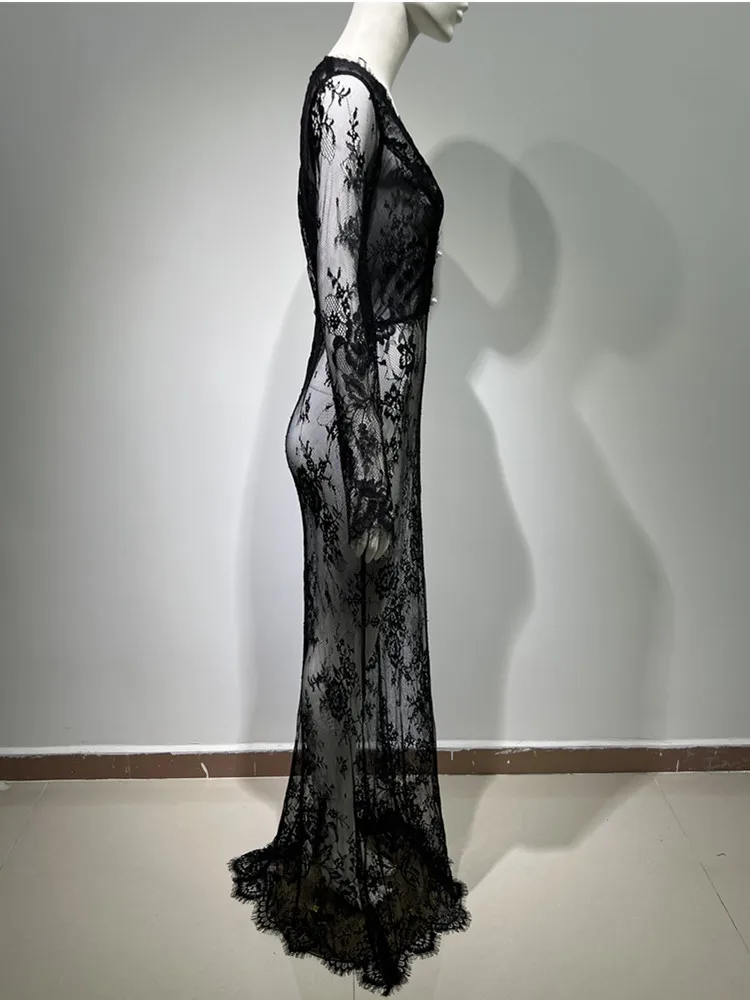 Women Celebrity Sexy Long Sleeve Black Lace Maxi Long  Dress 2024 Elegant Party Evening Stage Performance Dress Vestido image 3