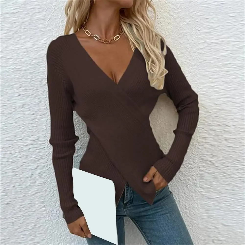 Sweater V-neck elegan untuk wanita, Sweater Slim Fit rajutan Pullover atasan lembut bernapas musim gugur