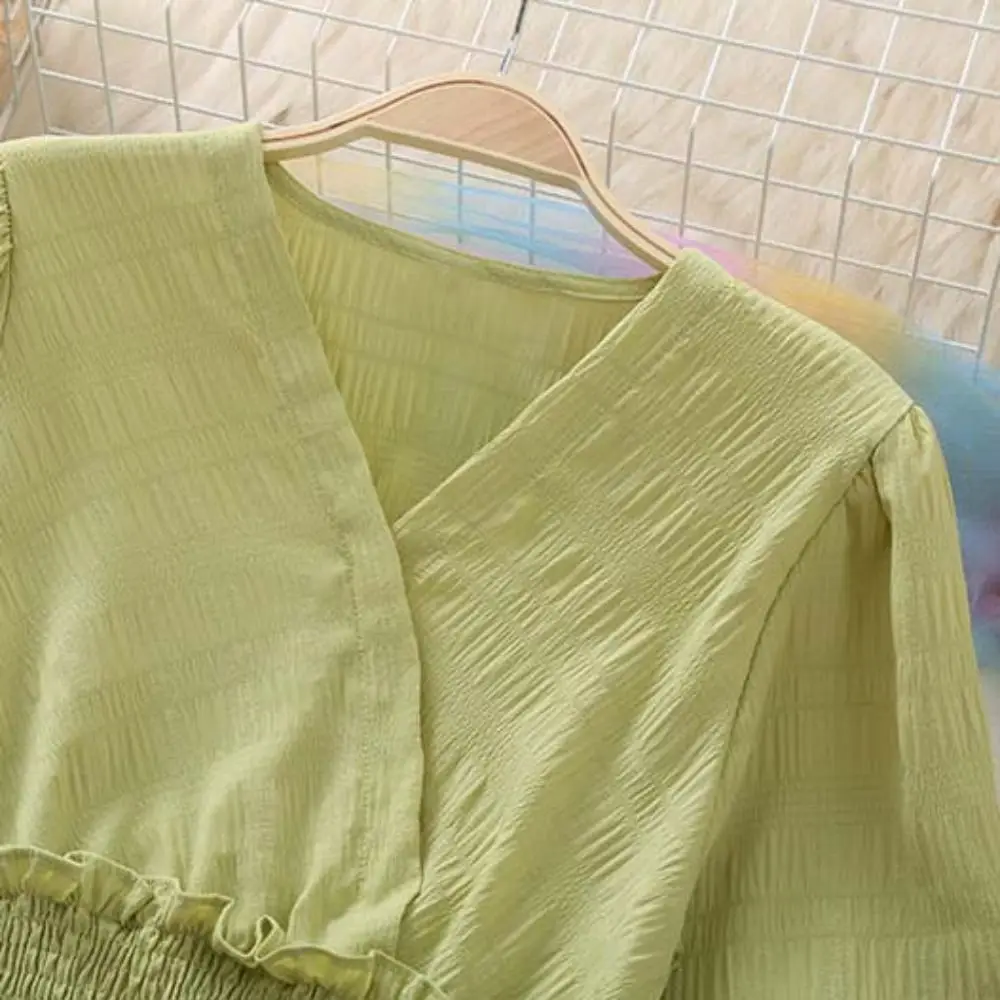 ファッション V ネックシフォン薄手シャツスリムフィットソリッドカラーシフォン Tシャツ女性長袖フリルエッジレディーストップスストリートウェア