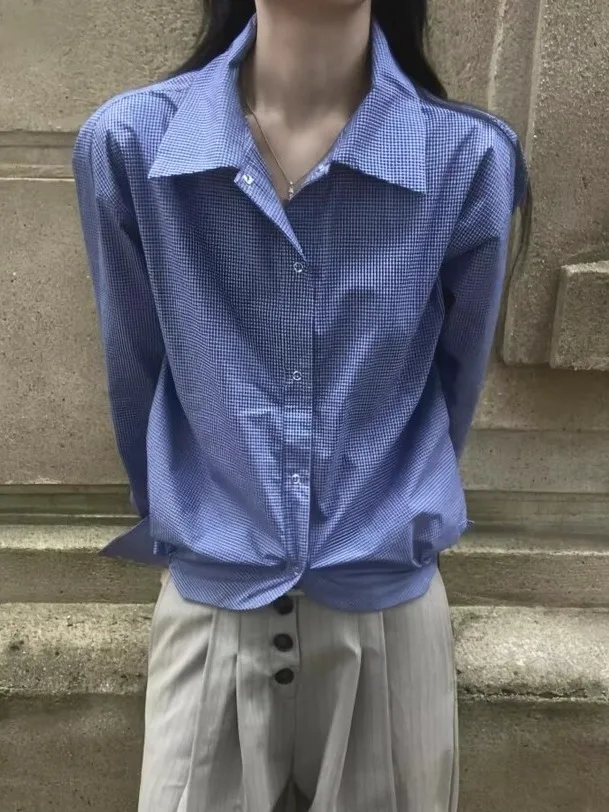 

Blue Plaid irt Dstring Pleated Hem Long Sve Men's Artistic Sle Casual Breathable Spring Autumn Season Outerwear
