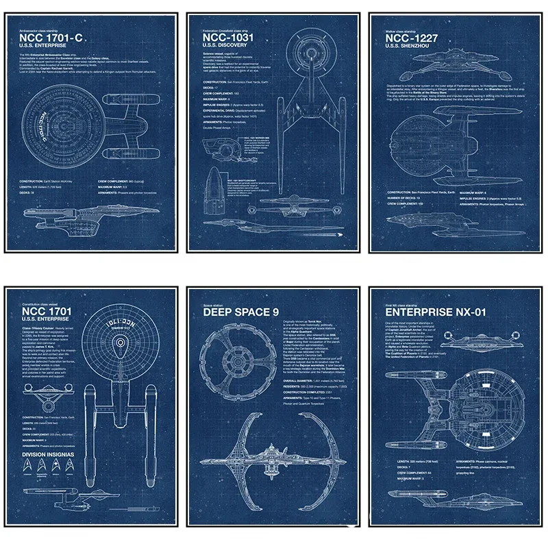 

1pc frameless Classic Simple Wall Art Spaceship Blueprint Star Trek HD Canvas Print Poster Home Living Room Bedroom Decorative P