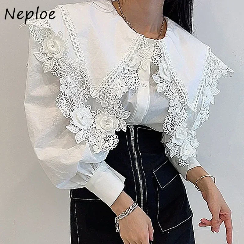 Neploe 2024 New Trendy Double-layer Peter Pan Collar Blouses Women Hollow Lace Lantern Sleeve Shirts Woman Button Up Tops Mujer