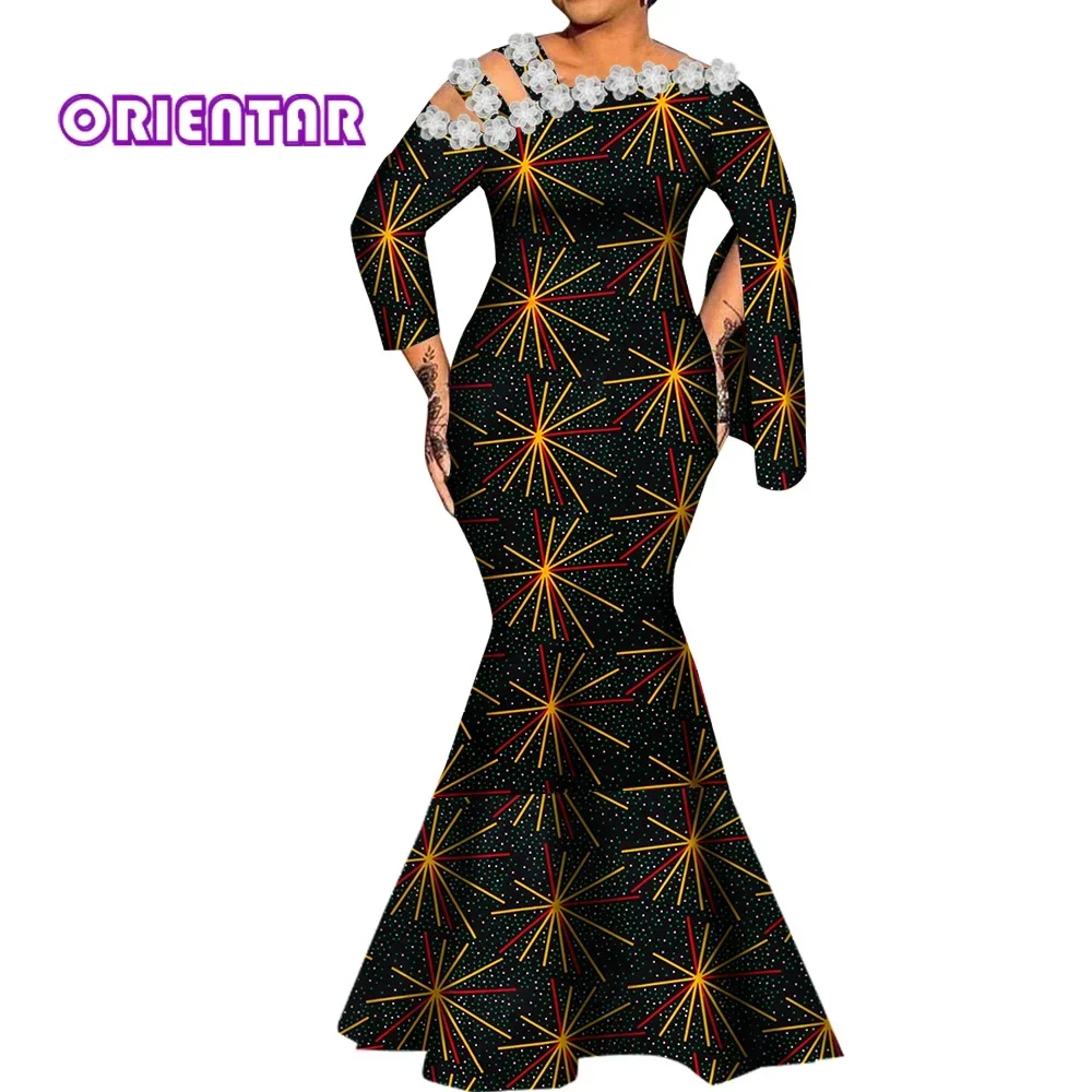 Long Sleeve African Print Women Maxi Dress Dashiki Bazin Rich African Clothes for Women Cotton Formal Evening Gowns WY9872