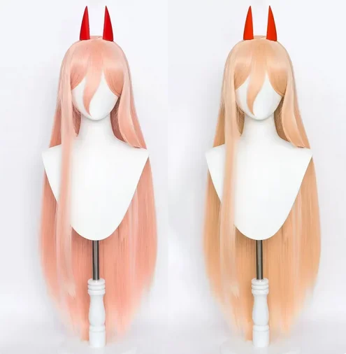 Anime Chainsaw Man Makima Power Cosplay Wig Long Orange Pink Heat Resistant Synthetic Hair Party Role Play Wigs + WigCap + Horns