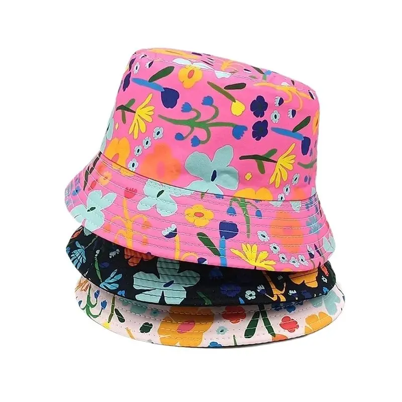 Spring Polyester Cartoon Flower Print Bucket Hat Outdoor Travel Sun Cap For Child Boy and Girl 107