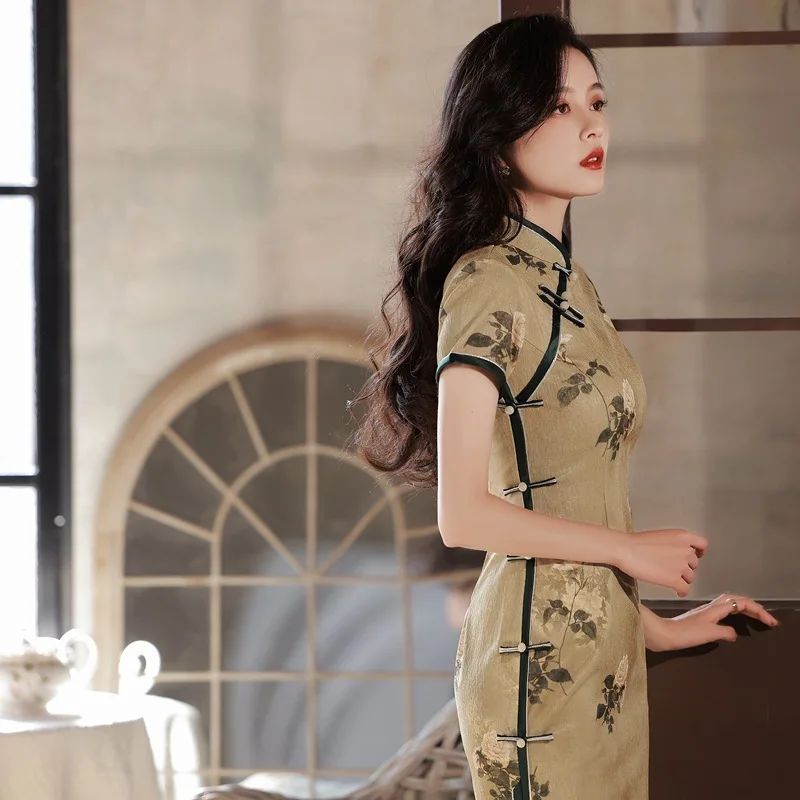 

China Yellow Knitted Jacquard Qipao cheongsam dress improved cheongsam dress women flower Qipao Dress Chinese tradition Hanfu