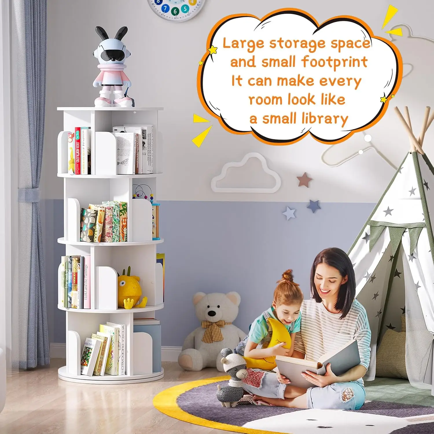 Wood Corner Bookshelf, 360 Display Spinning Bookcase Storage Rack, 4 Tier Floor Standing Revolving Bookcase Narrow Book Shelf