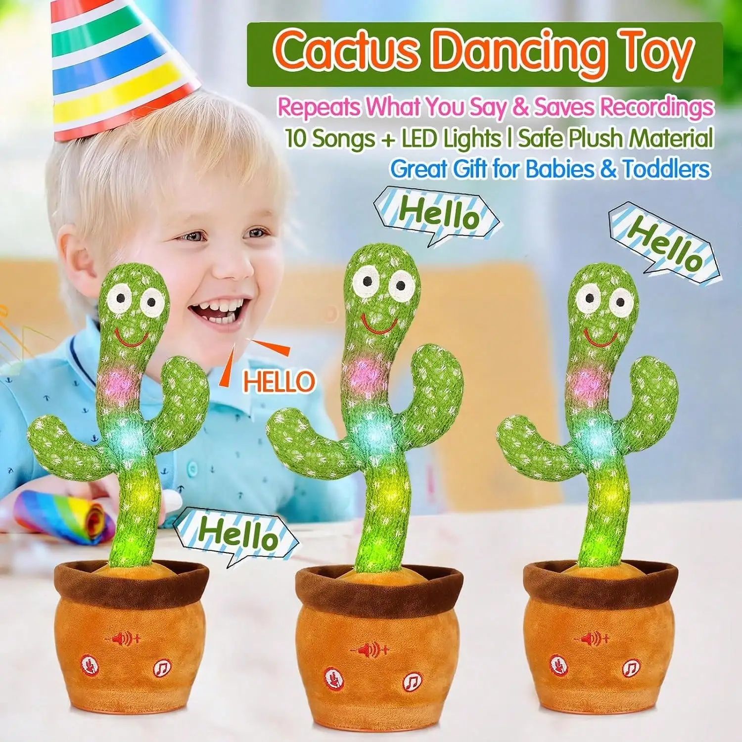 Dancing Talking Cactus Toy, Interactive Mimic Toy Repeats What You Say, Light & Music Singing Cactus Plush Toy, Early Educational Toddler Infant Toy, Great Gift for 6-12 Months Babies, 1 2 3 Year Old Boys Girls, Birthday Holiday Gift