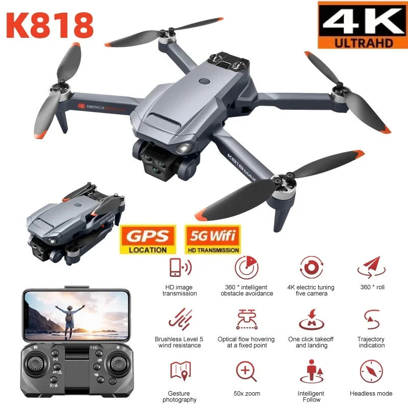 

НОВЫЙ Дрон K818 Max с 4K аэрофотосъемкой HD-камерой Профессиональный бесщеточный складной квадрокоптер для предотвращения препятствий RC БПЛА Игрушки