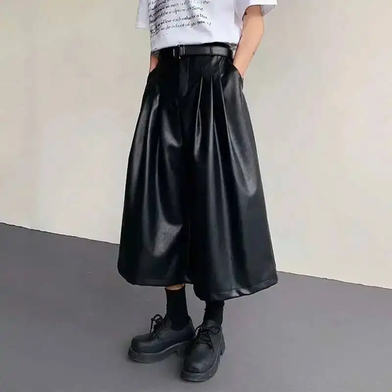 Men's PU Leather Shorts New American Style Wide Leg Solid Color Men Bottoms Male Trendy Loose Seven Quarter Pants 9W898Q