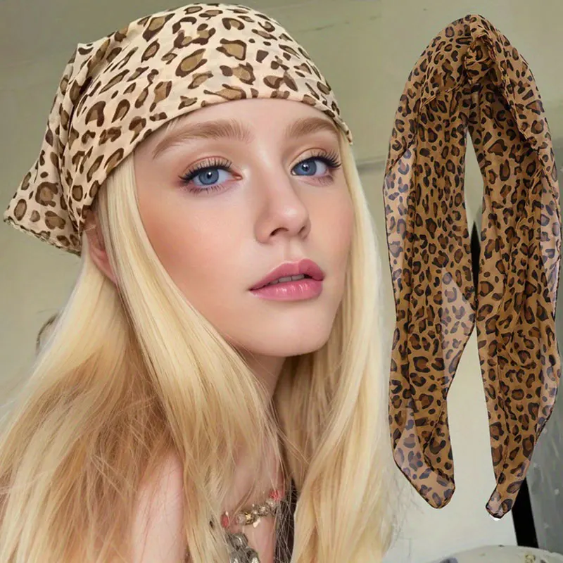 

Retro Leopard Print Square Scarf for Women Satin Thin Edge Scarves Head Band Fashion Y2K Lady Hair Shawl Wrap Female Neckerchief