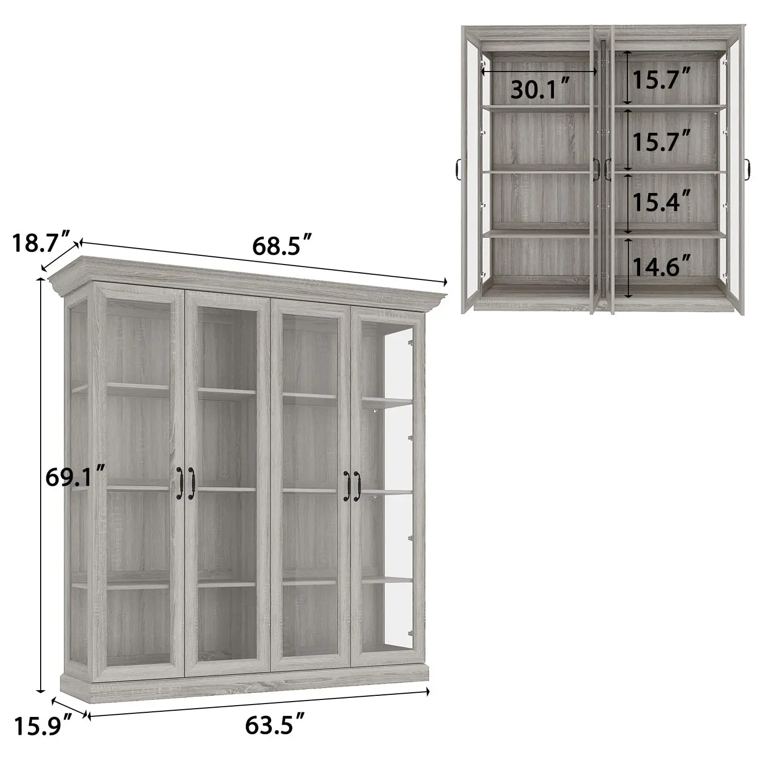 Tall Display Cabinet 4-Tier Bookshelf With Light Strip & Metal Handles For Living Room Study Room Grey Oak, Customized