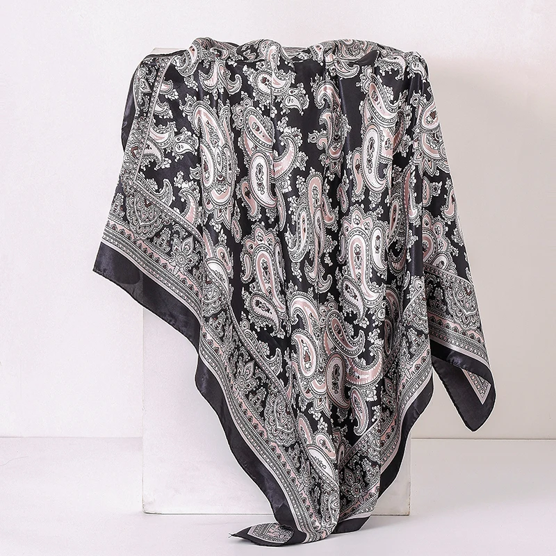 Satin Quadratischer Schal Frauen Hijab Paisley Cashew Print Seidenschal Halstuch Schal Wraps Stirnband Haarschmuck Bandana 90*90cm – Detail 4