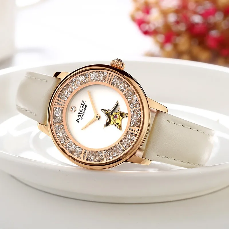 MIGE Automatic Mechanical Women Wristwatches Genuine Leather Strap Waterproof Fashion Watch For Women Sapphire