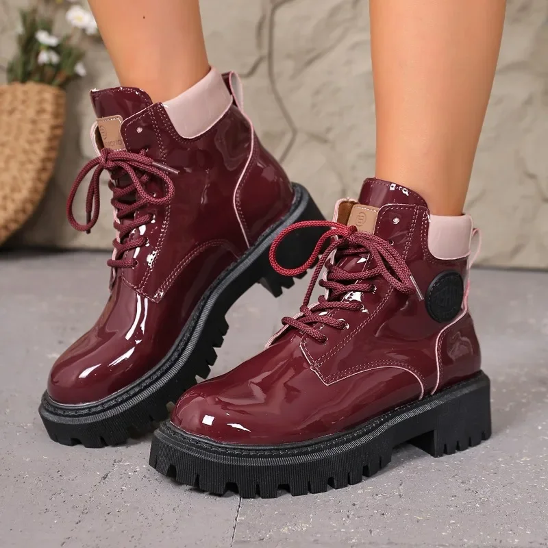 

Нескользящие износостойкие туфли на платформе со шнуровкой и круглым носком, модные водонепроницаемые ботильоны из лакированной кожи